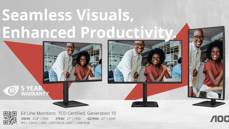Pristatyta „AOC Essential E4“ monitorių serija: draugiška planetai ir sukurta verslo poreikiams patenkinti