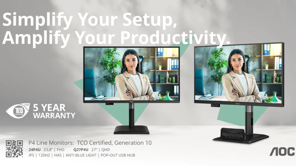 AOC pristato „Professional P4“ monitorių seriją: modeliai su iššokančiomis USB stotelėmis ir 5 metų garantija